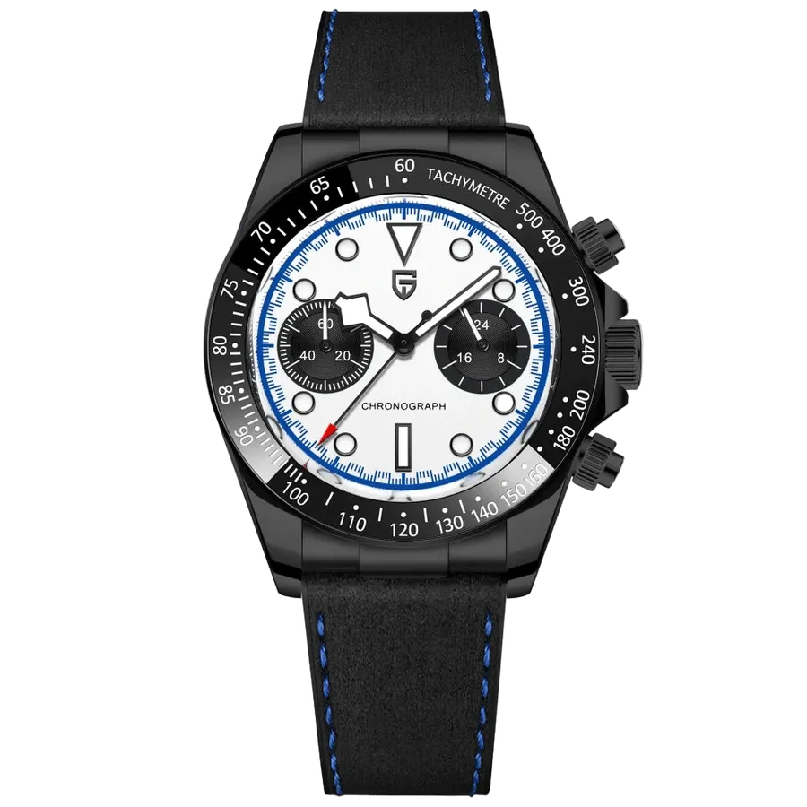 Pagani Design PD-1822 with white panda dial, blue chapter ring and black tachymeter bezel in a black case on rubber strap