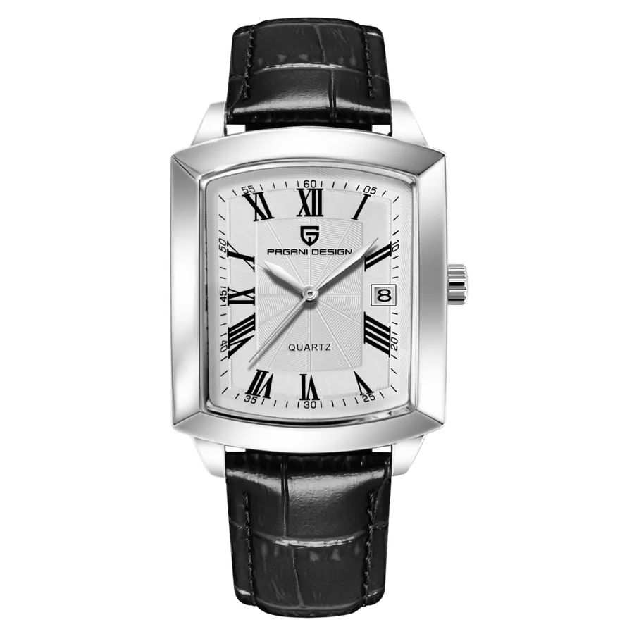 Pagani Design PD-1838 rectangular quartz watch with white dial, Roman numerals and date at 3, on black leather strap