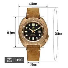 Addiesdive AD2104 dimension graphic on the leather strap (43.8mm, 46.8mm lug-to-lug, 20mm, 260mm, 115g)