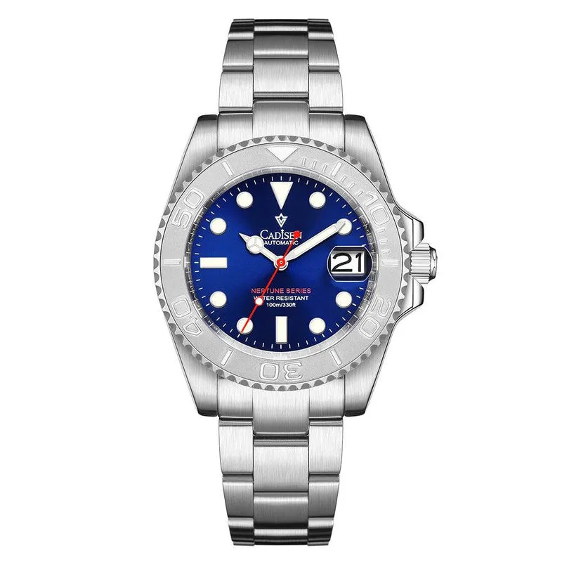 Cadisen C8210 Yacht-Master-style diver with blue sunburst dial, polished steel bezel with raised numerals and magnified date at 3 on an oyster-style bracelet
