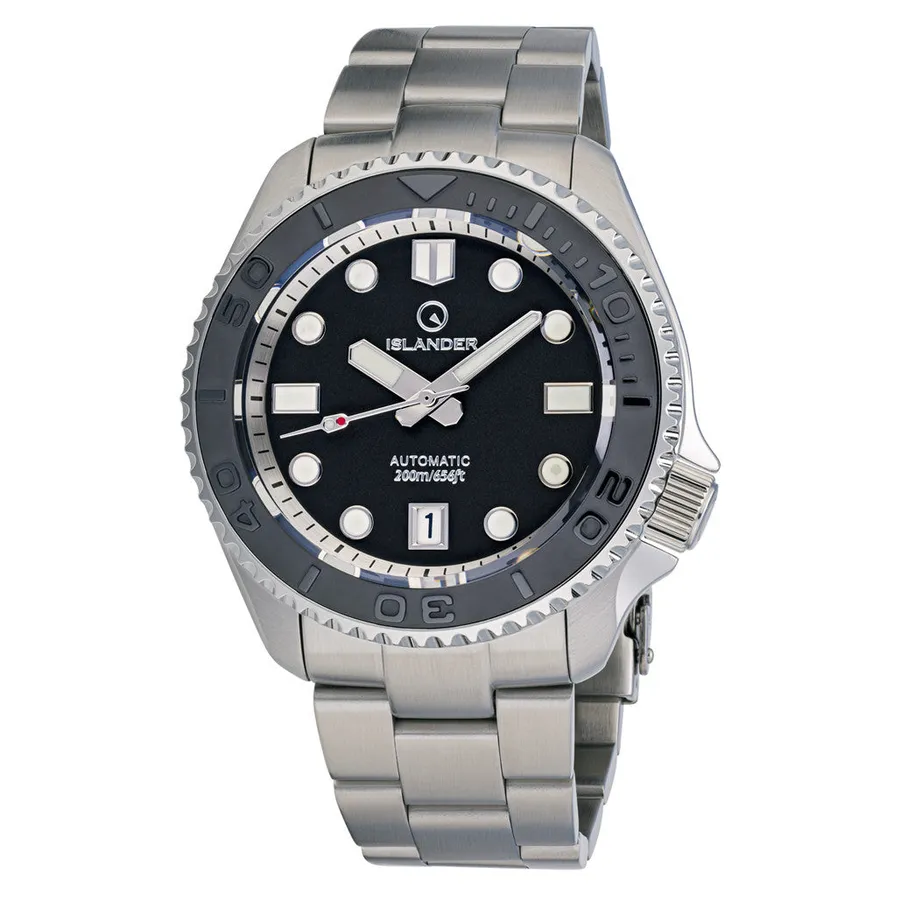 Islander ISL-04 dive watch with black dial and embossed ceramic bezel on steel bracelet
