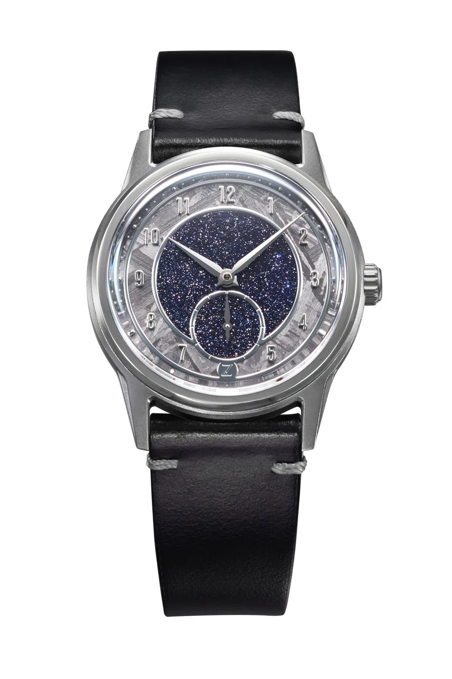Zelos Nova 37mm Tantalum, sandblasted tantalum case with polished bezel, aventurine and meteorite dial, on black leather strap