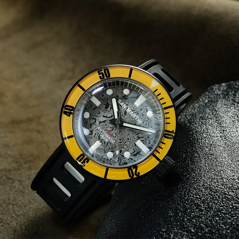 San Martin SN001-D-DLC 44mm black DLC Damascus diver with Damascus dial and yellow bezel
