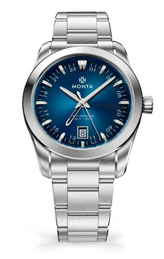 Monta Noble Voyager GMT, blue dial, on bracelet