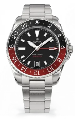 Monta Skyquest GMT, black dial, black and red aluminum bezel