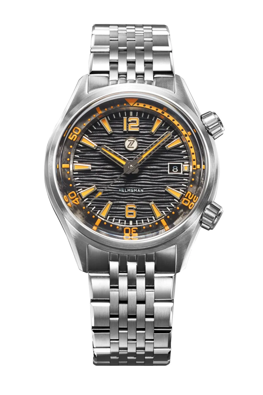 Zelos Helmsman SS, forged carbon guilloché dial with orange lume and carbon internal bezel, on beads-of-rice bracelet