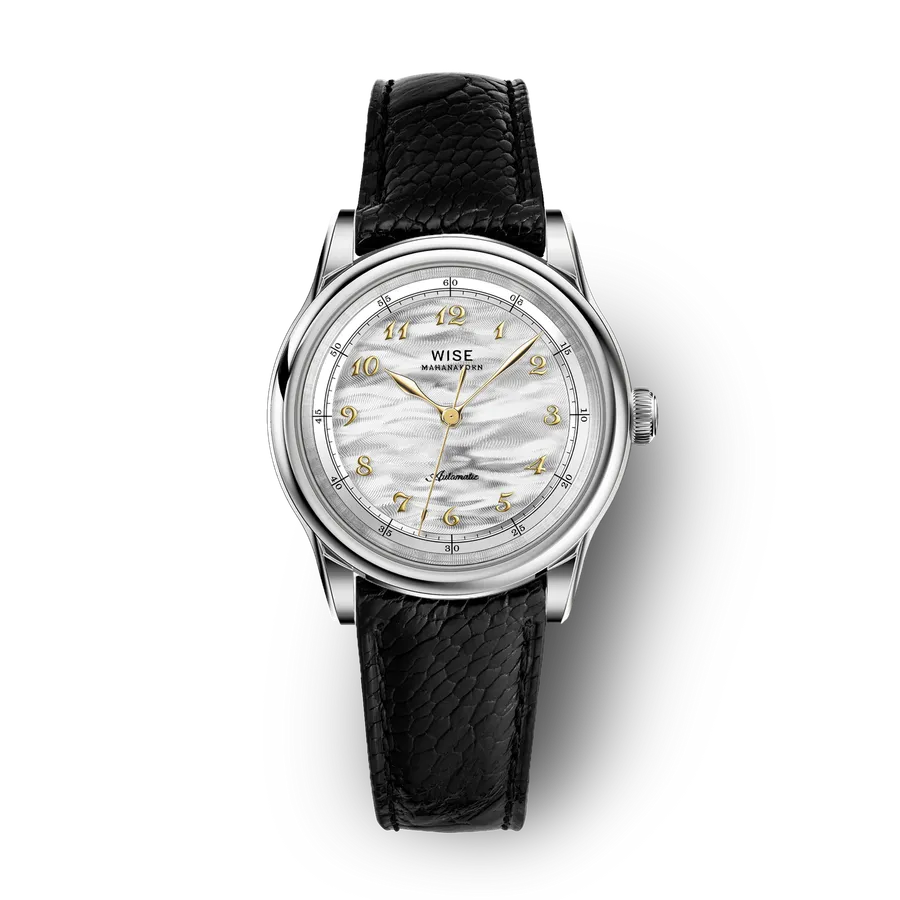 Wise Mahanakorn MH110 in 904L steel, silver guilloché dial with gold numerals and hands, on black leather strap