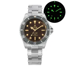 Watchdives WD5513B with tropical brown dial and grey bezel on the rivet bracelet, with lume shot