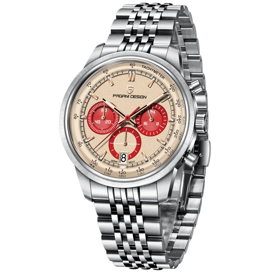 Pagani Design PD-1827 with cream dial, red subdials, tachymeter flange and date at 6, on steel bracelet