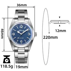 Addiesdive AD2518 dimension graphic (36mm, 46mm lug-to-lug, 12mm, 19mm, 220mm, 118.5g)