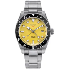 Seestern S478.Y GMT with yellow dial and black 24-hour bezel on steel bracelet