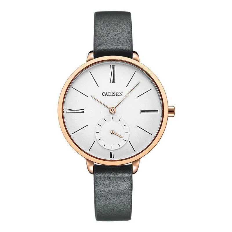 Cadisen C6135 with white dial and small seconds in a rose gold-tone case on a grey leather strap