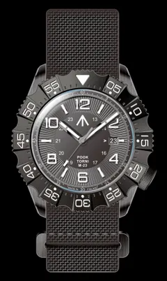 Render of the Pook Torni M-23 with grey dial, black PVD case and 60-minute bezel on a grey nylon strap