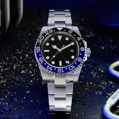 San Martin SN016-G GMT with blue and black bezel and black dial on three-link bracelet