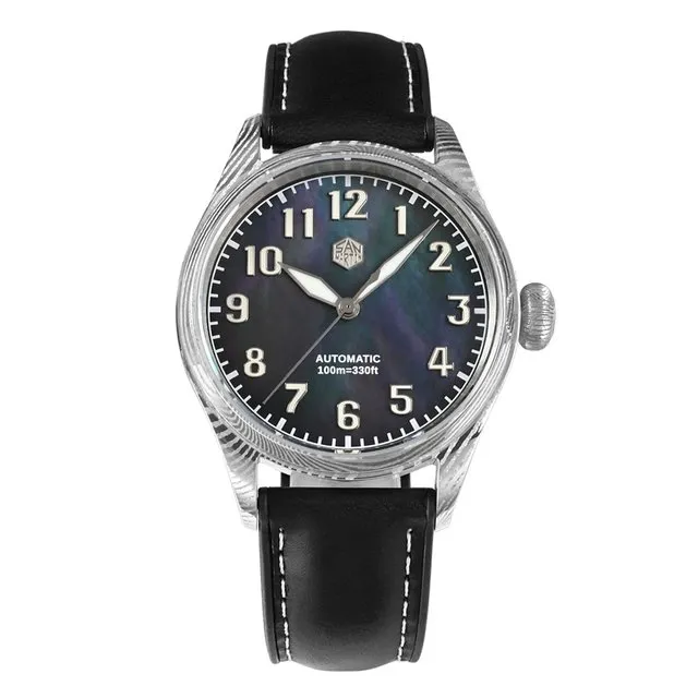 San Martin SN030-D 39mm Damascus steel pilot with mother-of-pearl dial on black leather strap
