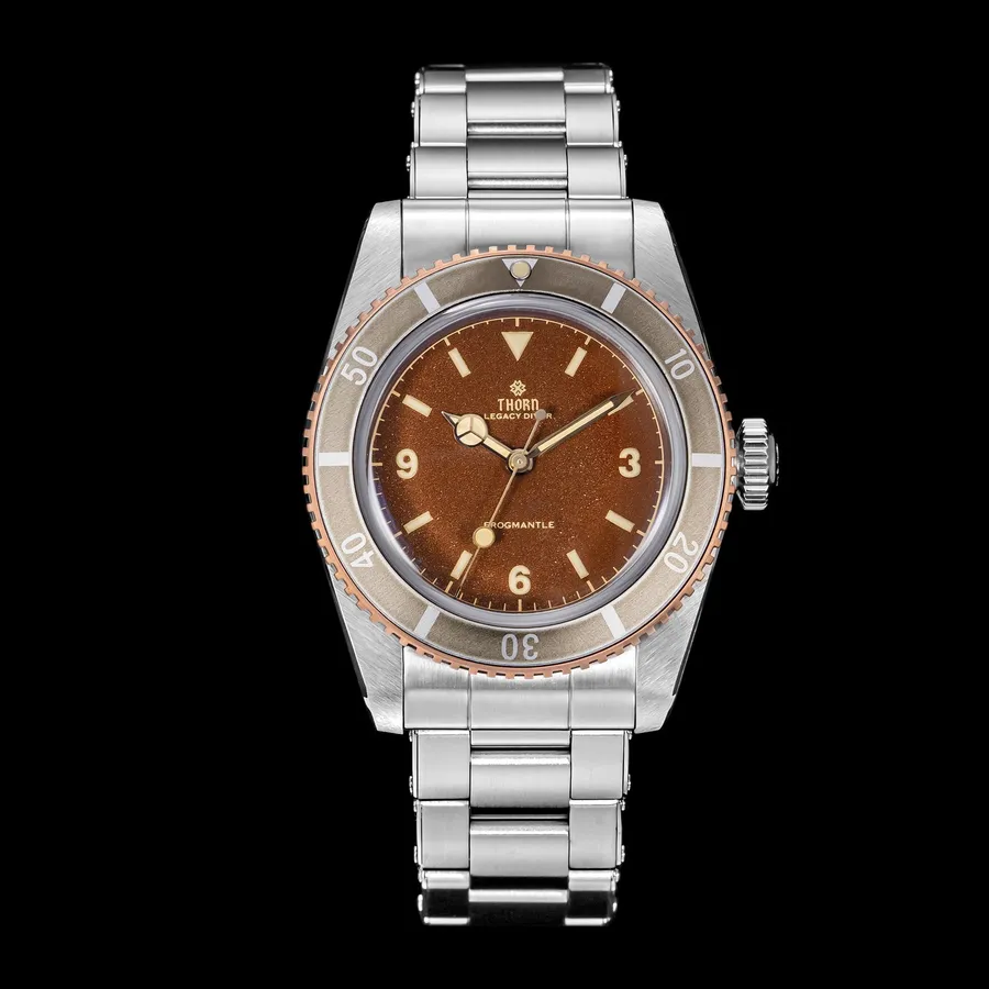 Thorn T028 37mm dive watch with brown tropical-style dial on the steel bracelet