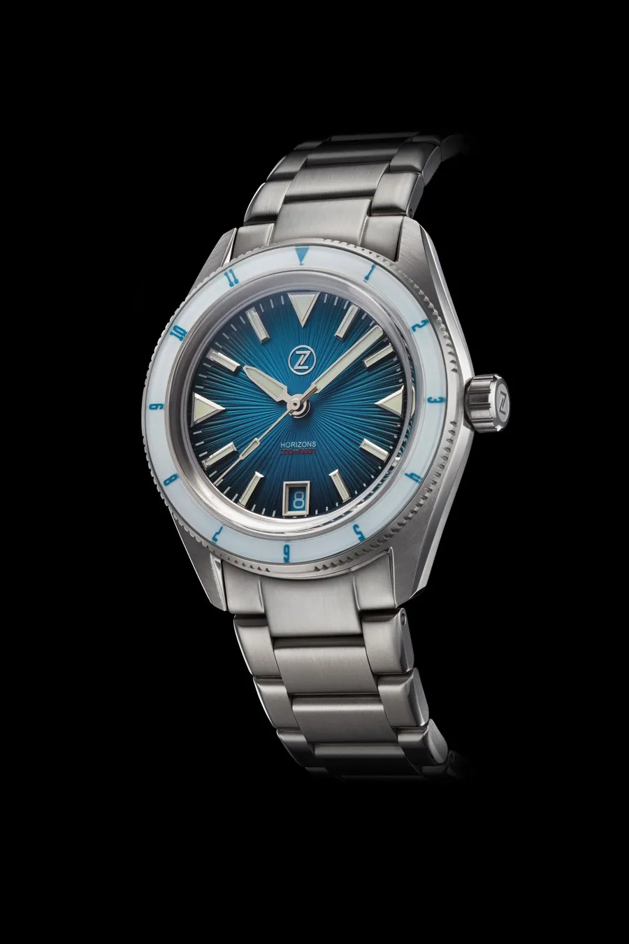 Zelos Horizons 200m 12hr Teal, teal fumé dial and white 12-hour sapphire bezel, on steel bracelet