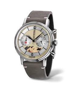 Undone Urban Shunga Edo chronograph with steel case and beige ukiyo-e dial on a grey-brown suede strap