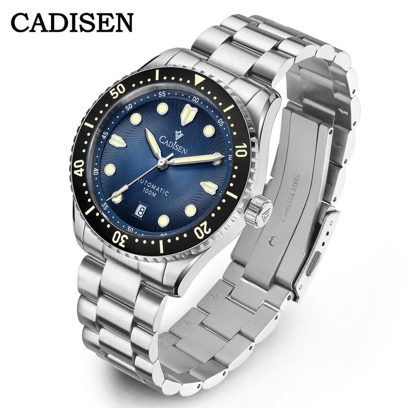 Cadisen C8245 diver with navy gradient dial, round lume markers, black 60-minute bezel and date at 6 on an oyster-style bracelet