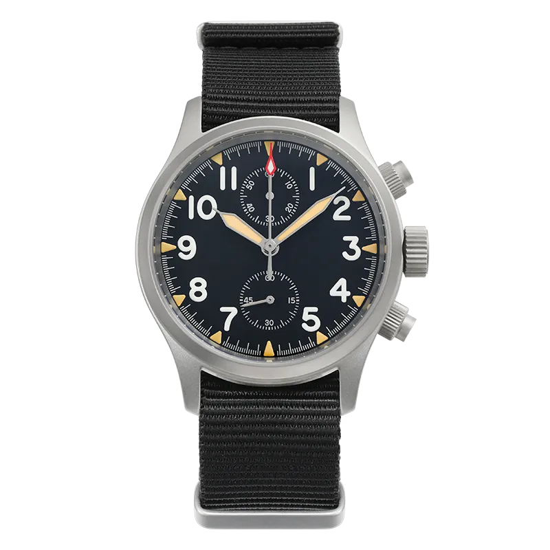 Militado ML1868 two-register chronograph with black dial and cream hands on black nylon strap