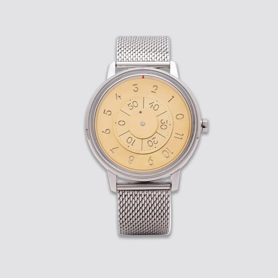 Anicorn Series K452 Solar: gold planetary discs in a steel case on a Milanese bracelet