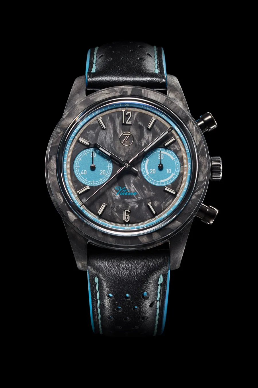 Zelos Vitesse Forged Carbon Limited Edition, forged carbon case and dial with light-blue subdials, on perforated black rally leather strap with light-blue edge