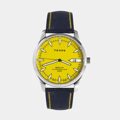 Fears Redcliff Date 'Bee' with glossy yellow dial on a navy leather strap with yellow stitching