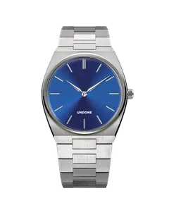Undone Slim with blue sunray dial on its integrated steel bracelet