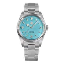 San Martin SN020-G3 39mm explorer with Tiffany blue dial, applied 3-6-9 numerals and Mercedes hands on steel bracelet