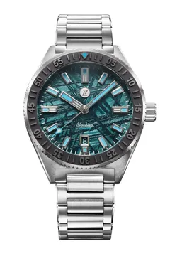 Zelos Blacktip 41mm SS Teal Meteorite, teal-plated meteorite dial and dark grey embossed ceramic bezel, on steel bracelet