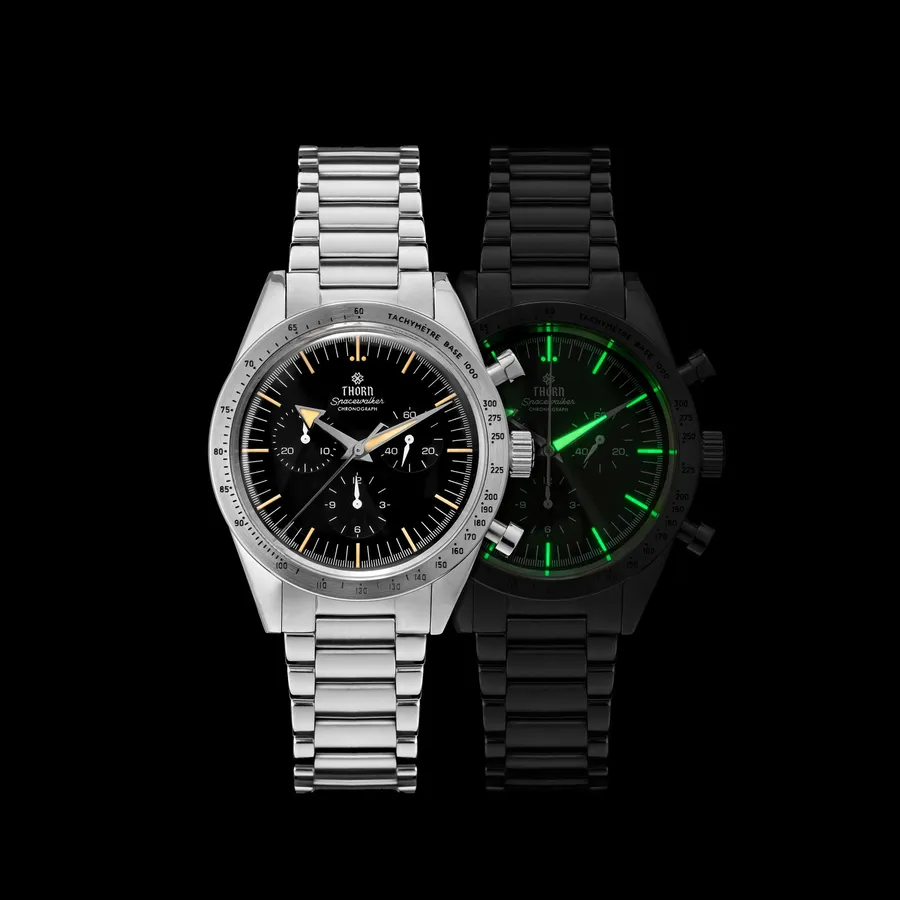 Thorn T026C "Spacewalker" chronograph with black three-register dial and steel tachymeter bezel on the steel bracelet, beside a lume shot