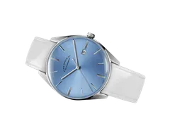 ELKA D08-0808, sunbrushed baby blue dial, on white leather strap