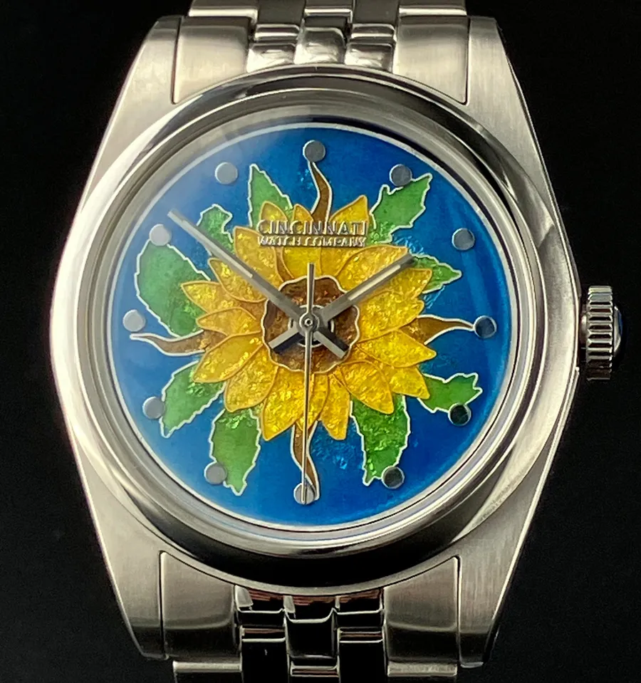 Cincinnati Watch Company Sunflower, cloisonné enamel yellow sunflower on a blue enamel dial, on a five-link bracelet