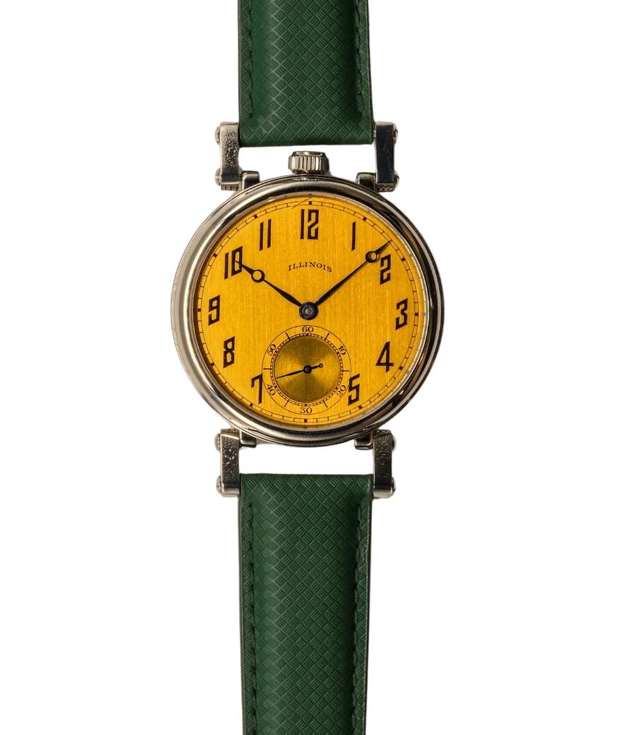 Bernhardt Manifest Foundry 3234, golden Illinois dial with Art Deco numerals, on deep green strap