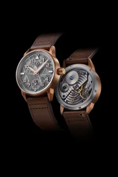 Zelos Skyraider in bronze, meteorite dial, front and display back, on brown leather strap