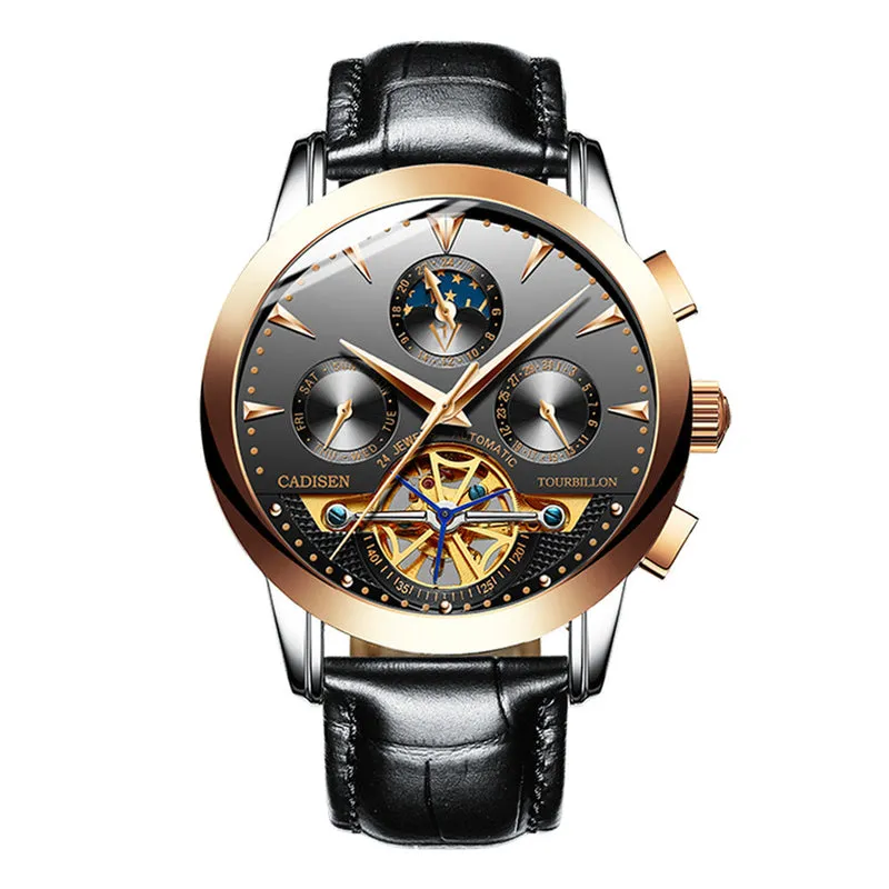 Cadisen C1188 with black dial, three subdials and an open aperture at 6 in a rose gold-tone case on black leather