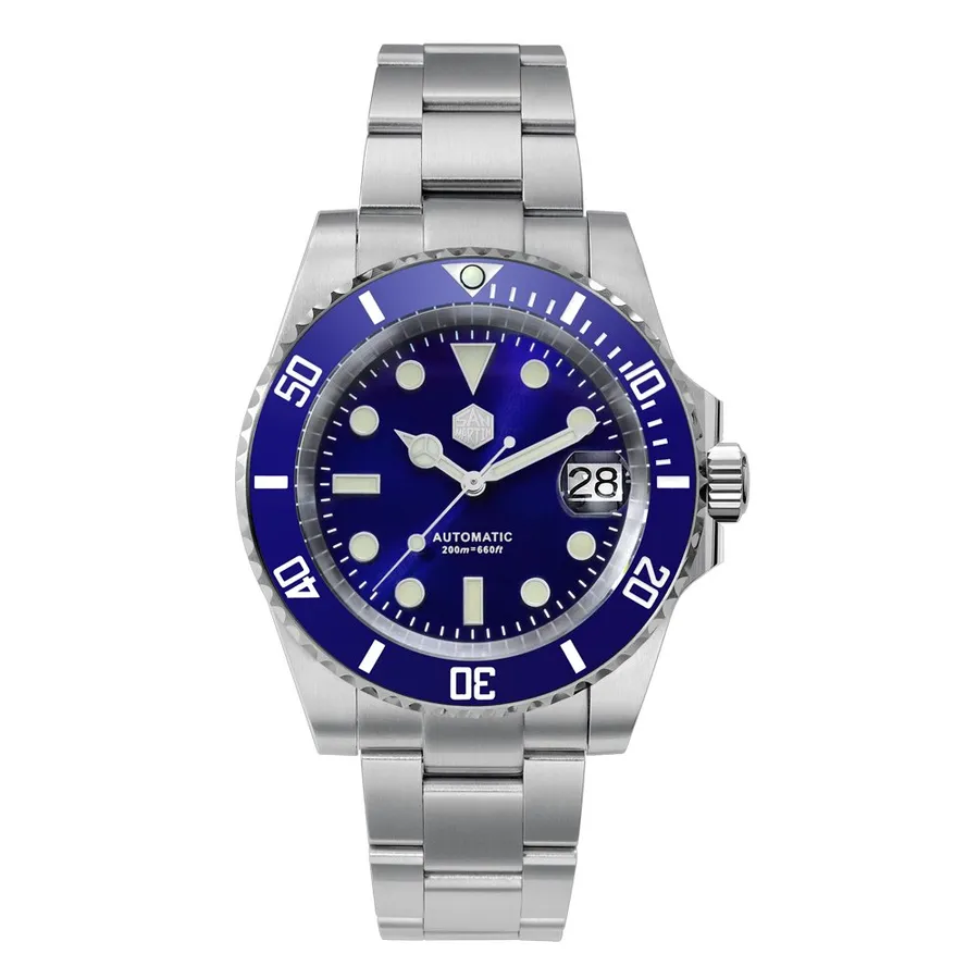 San Martin SN017-G with sunburst blue dial, blue ceramic bezel and date with cyclops on steel bracelet