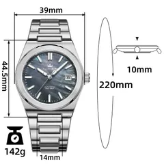AddiesKIN K008 dimension graphic (39mm, 44.5mm lug-to-lug, 10mm, 14mm, 220mm, 142g)