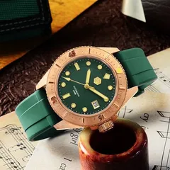 San Martin SN040-Q2 bronze diver with green dial and date at 3 on green rubber strap
