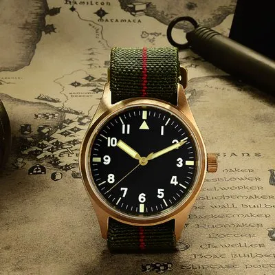 San Martin SN030-Q2 39mm bronze pilot with black Type A dial on green parachute strap