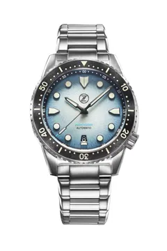 Zelos Mako 300m Diver, light blue fumé guilloché dial, black bezel