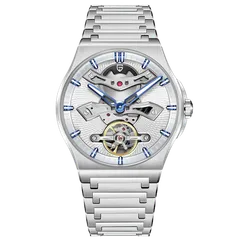 Pagani Design PD-YS028 with open-worked white dial and blue hands on steel bracelet