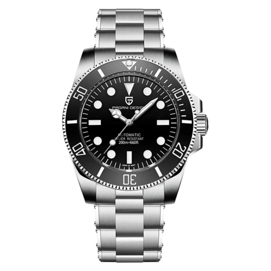Pagani Design PD-1694 no-date Submariner-style diver with black dial and black bezel on Oyster bracelet