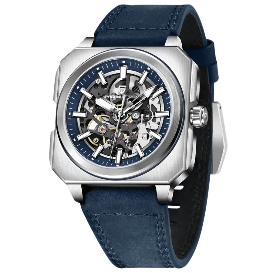 Pagani Design PD-1791 skeleton automatic in a square case with blue dial ring on blue leather strap