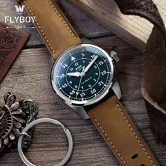 Wise Flyboy Type B FLB-14 in 904L steel, deep dark green dial, on yellow-brown leather strap