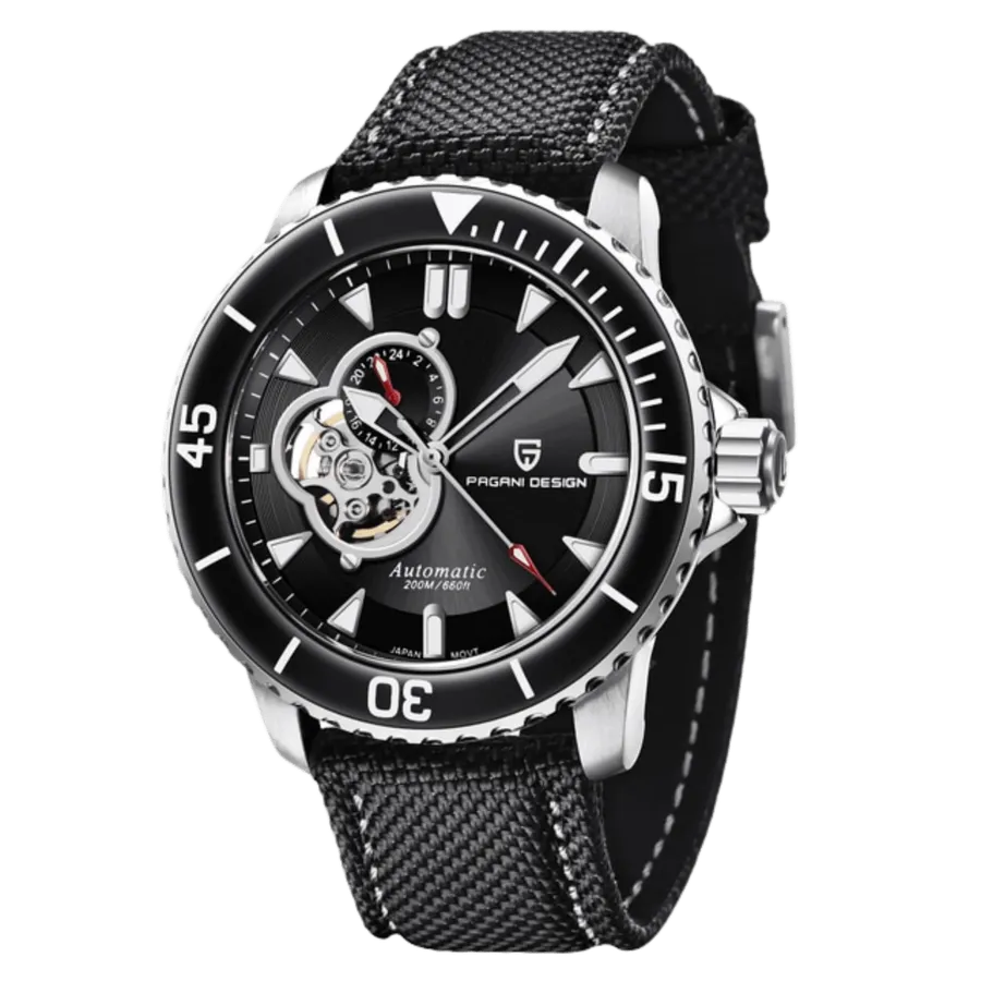 Pagani Design PD-1674 open-heart diver with steel case, black dial and black bezel on black nylon strap