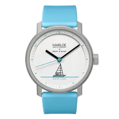 Marloe x Bert & Buoy The Dart, white dial with ship illustration, on light blue silicone strap