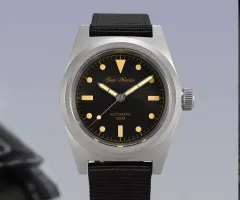San Martin SN029-G with black dial, gilt print and vintage-tone markers, sandblasted case