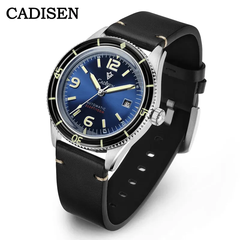 Cadisen C8243 automatic with blue sunburst dial, Arabic 12-6-9, sloped black 60-minute bezel and date at 3 on a black leather strap