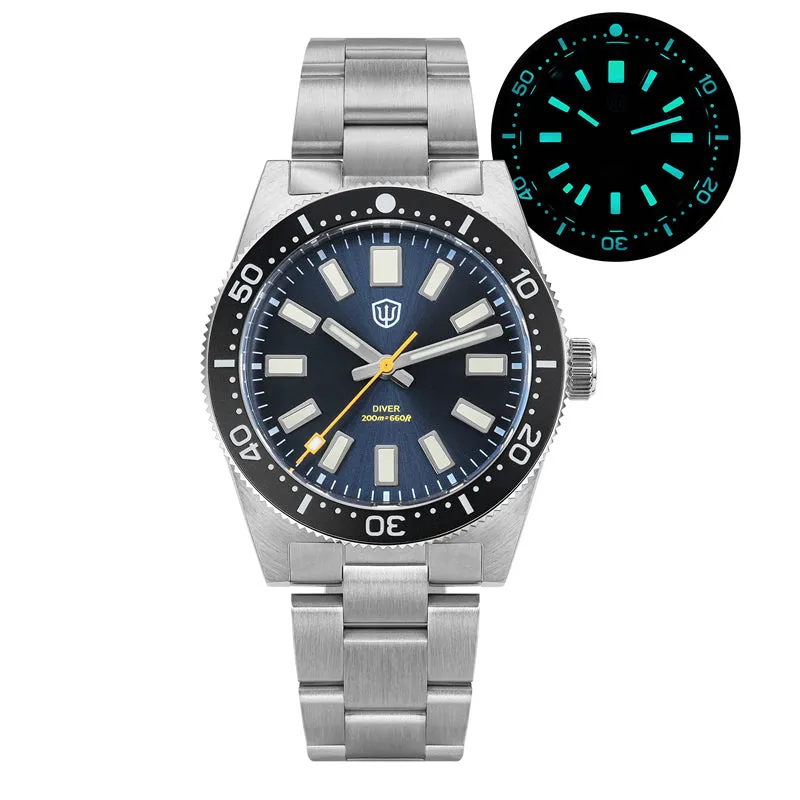 Watchdives WD1965 with sunray blue dial and black bezel on the steel bracelet, with lume shot
